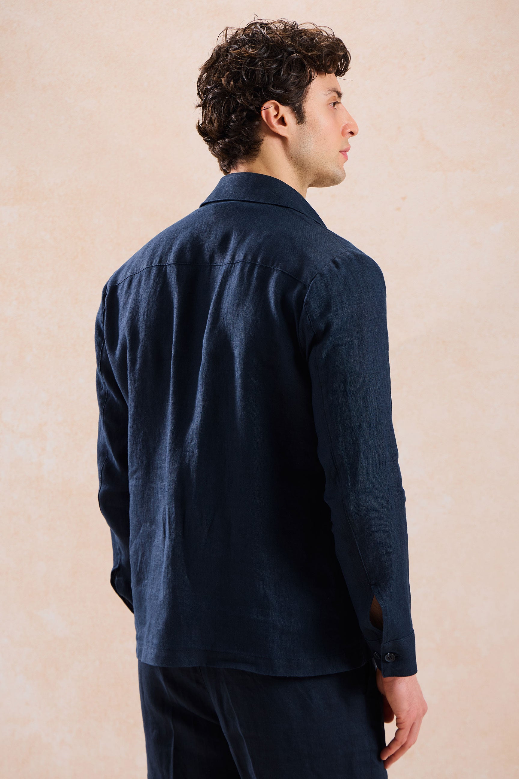 Costum bărbătesc bleumarin, din in, elegant, casual, din două piese, stil safari, de vară