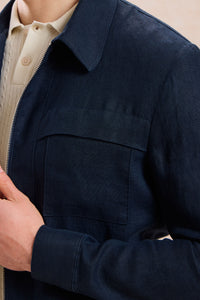 Costum bărbătesc bleumarin, din in, elegant, casual, din două piese, stil safari, de vară