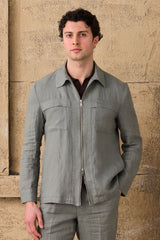 Costum bărbătesc din două piese, verde salvie, din in, stil safari, elegant, stil vară