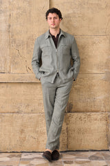 Costum bărbătesc din două piese, verde salvie, din in, stil safari, elegant, stil vară