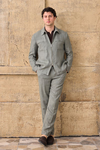 Costum bărbătesc din două piese, verde salvie, din in, stil safari, elegant, stil vară