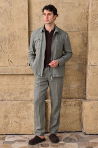 Costum bărbătesc din două piese, verde salvie, din in, stil safari, elegant, stil vară