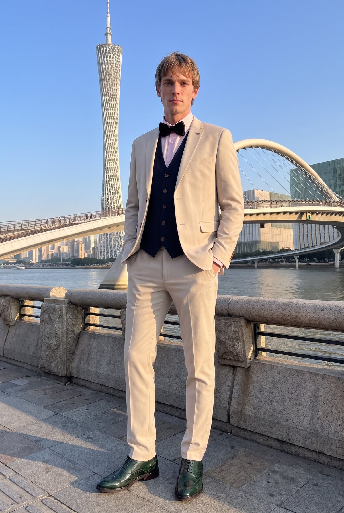 Look #999 styled with Mayfair - Costum bărbătesc crem din 3 piese cu vestă bleumarin