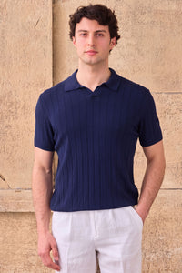 Tricou polo tricotat cu nervuri bleumarin închis pentru bărbați