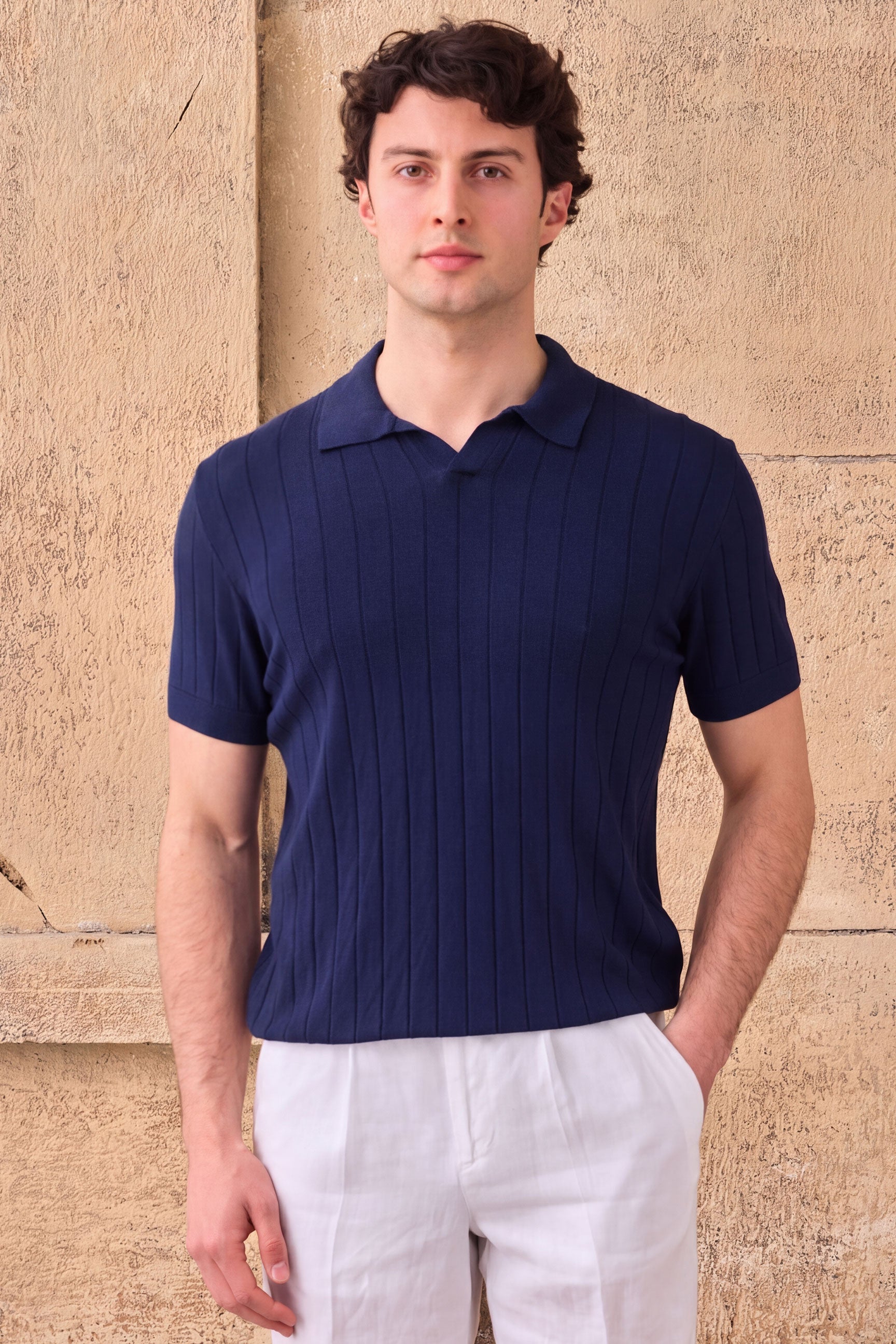 Tricou polo tricotat cu nervuri bleumarin închis pentru bărbați