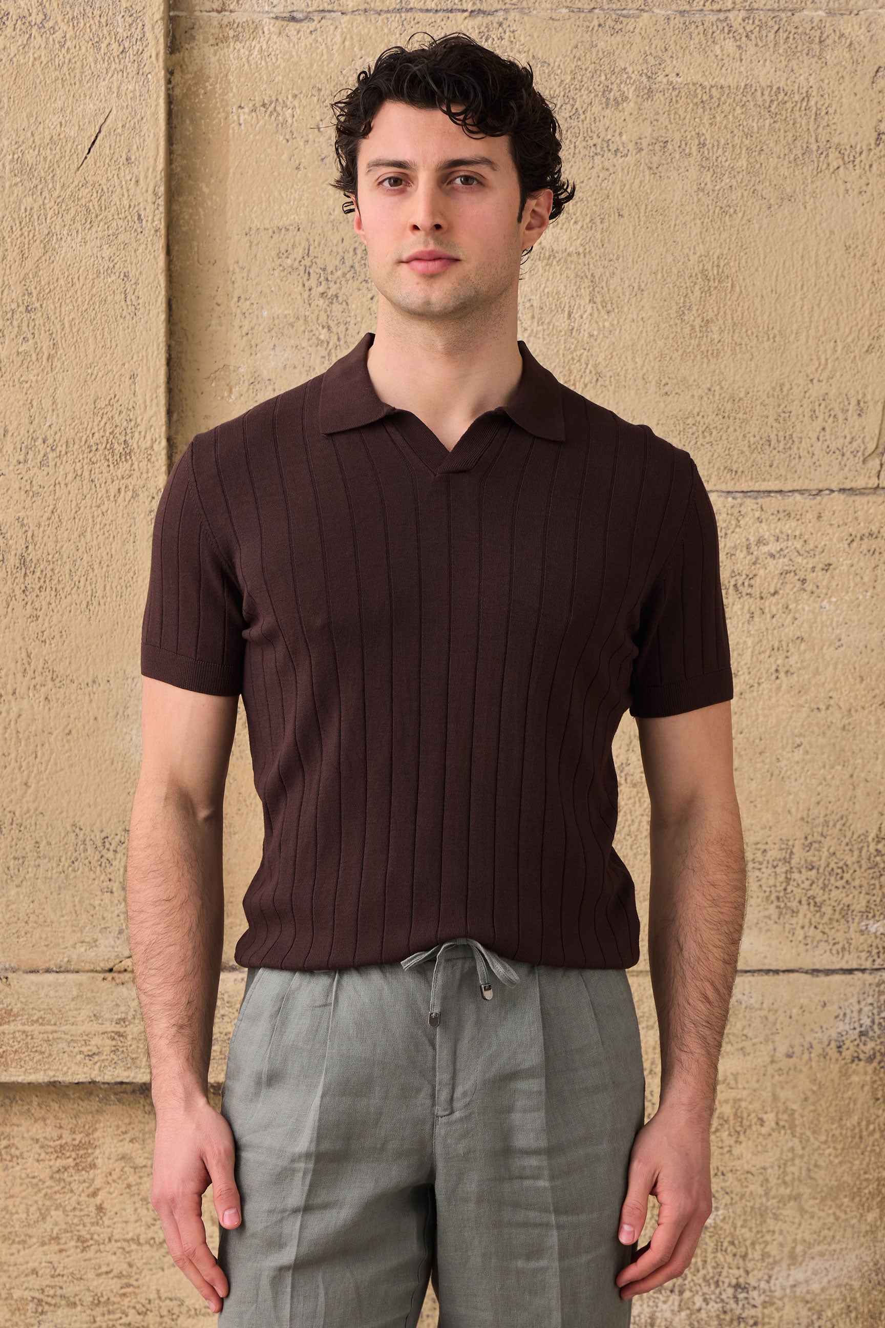 Tricou polo bărbătesc maro cu model nervuri
