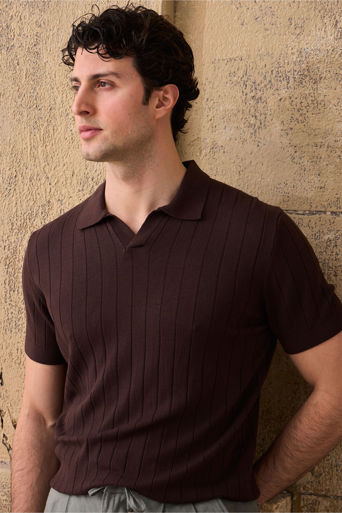 Tricou polo bărbătesc maro cu model nervuri