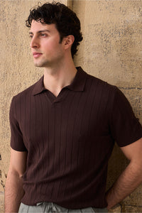 Tricou polo bărbătesc maro cu model nervuri