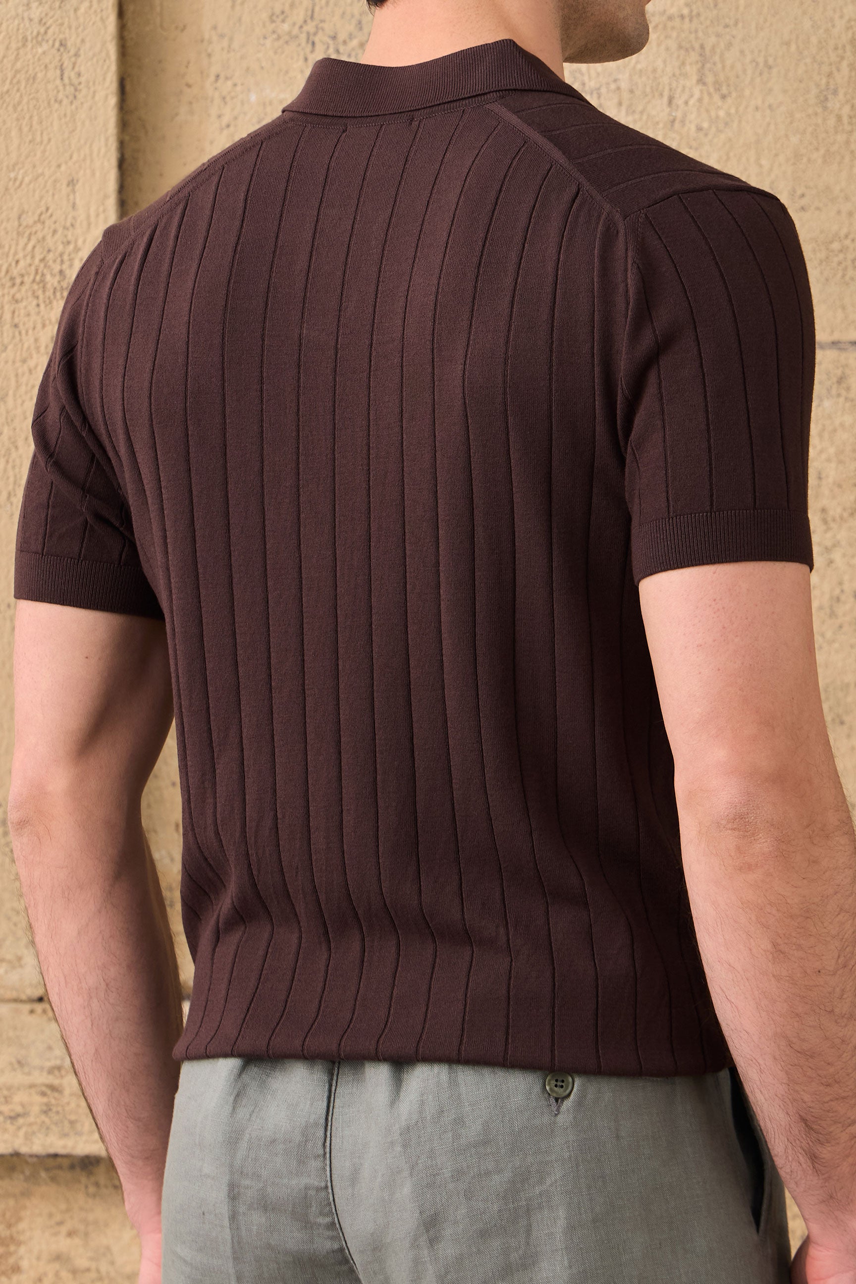 Tricou polo bărbătesc maro cu model nervuri
