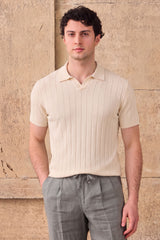 Tricou polo tricotat cu nervuri crem pentru bărbați