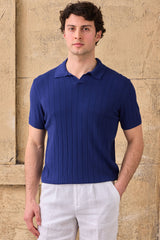 Tricou polo tricotat cu nervuri bleumarin pentru bărbați