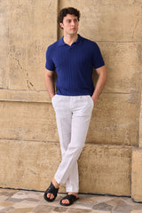 Tricou polo tricotat cu nervuri bleumarin pentru bărbați