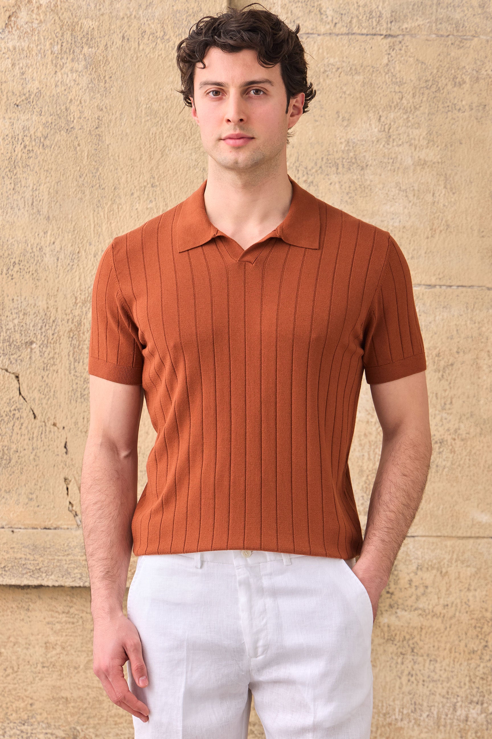 Tricou polo tricotat cu nervuri, portocaliu ruginiu, pentru bărbați