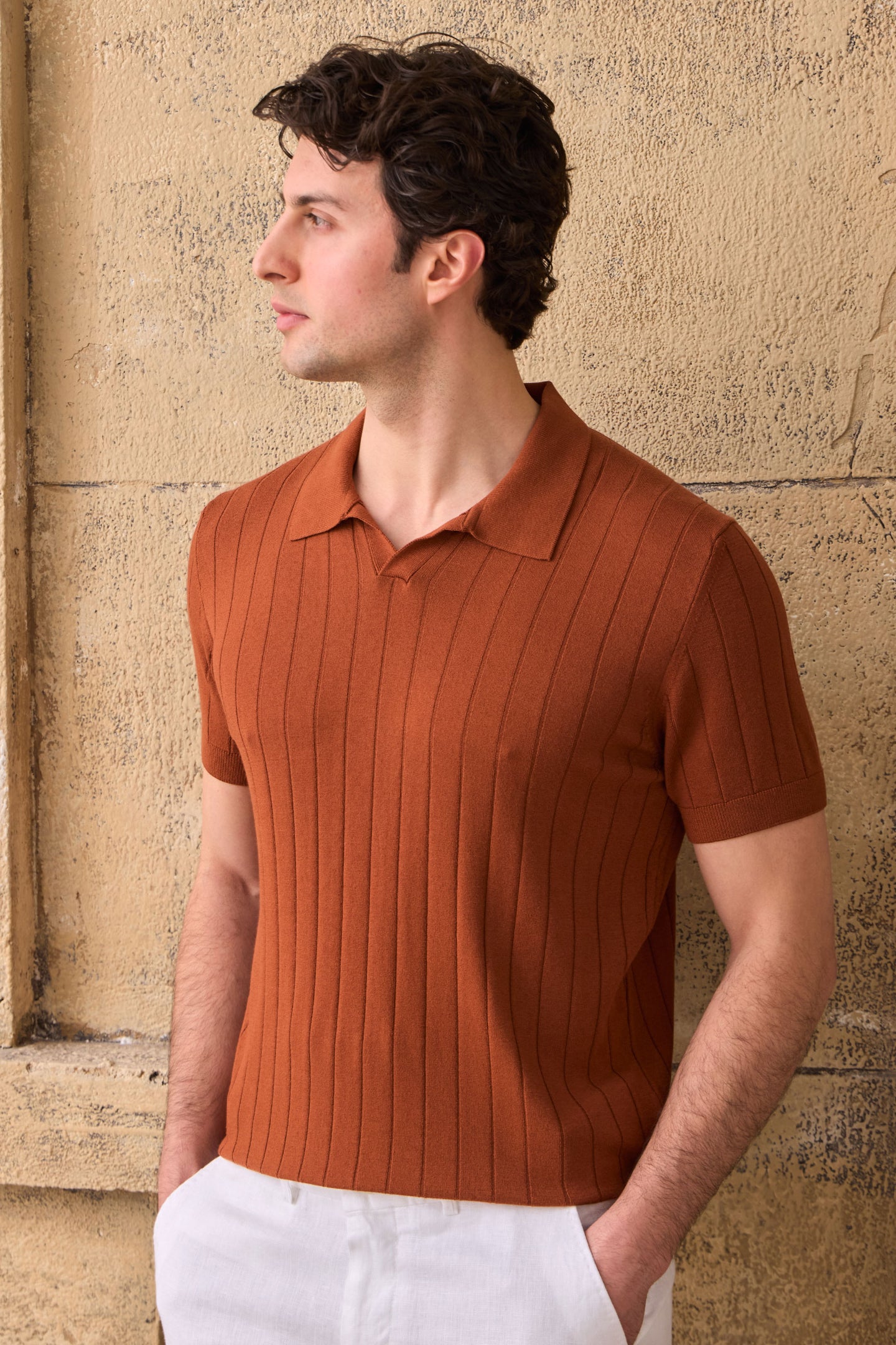 Tricou polo tricotat cu nervuri, portocaliu ruginiu, pentru bărbați