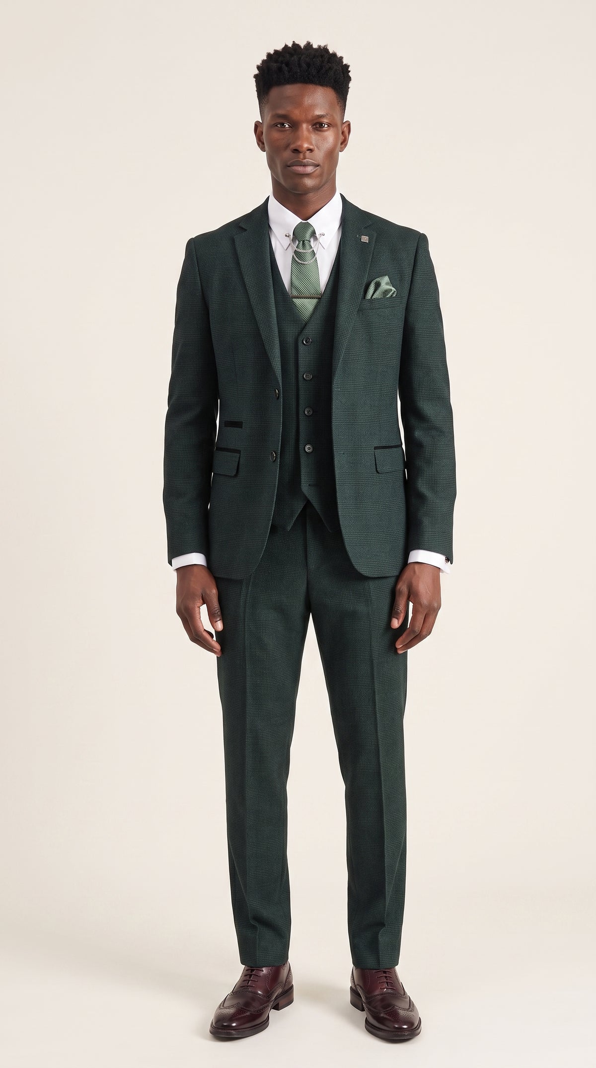 Look #204 styled with Regent - Costum bărbătesc verde din 3 piese, model Prince of Wales, în carouri