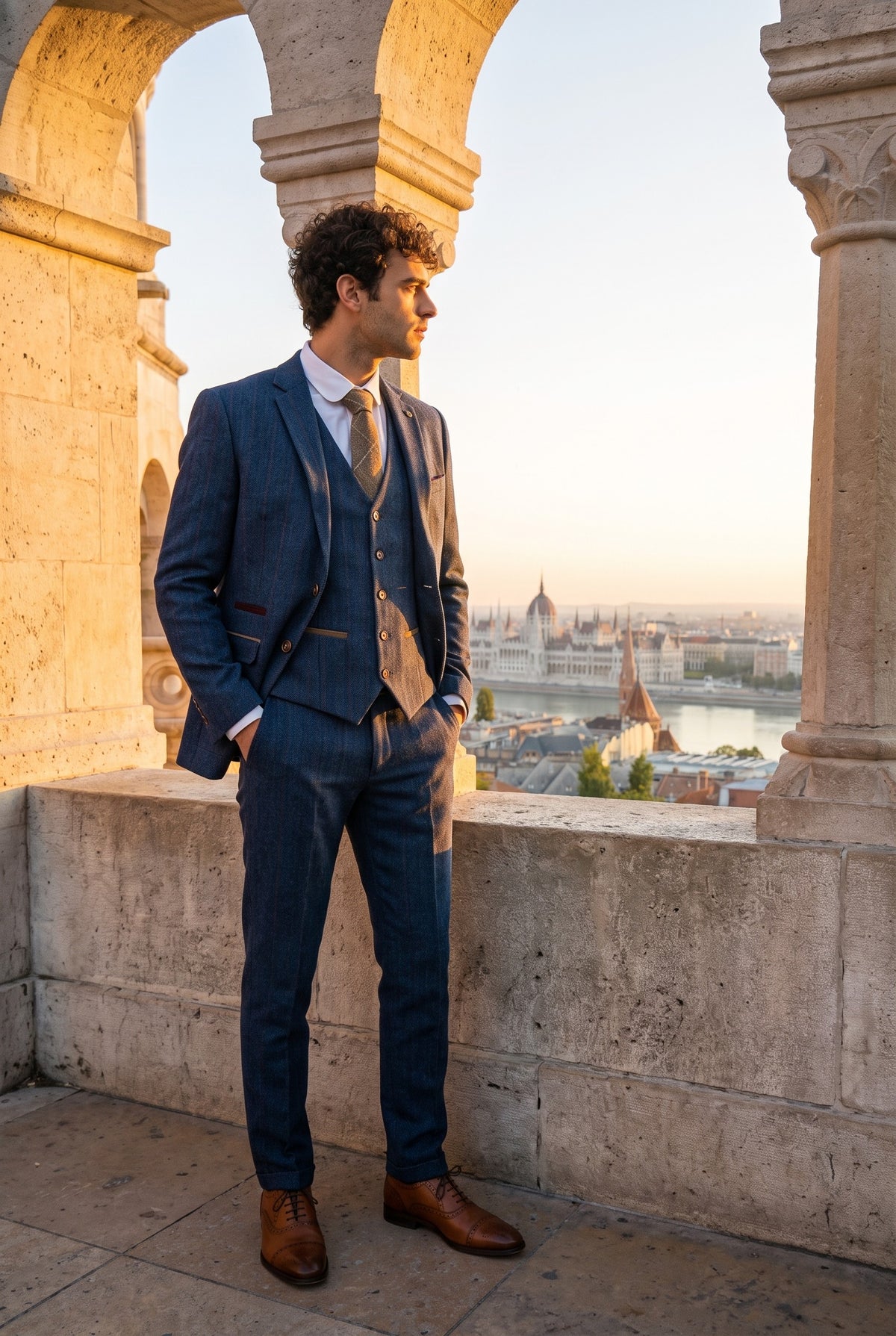 Look #365 styled with Costum Scott albastru pentru bărbați, format din 3 piese, model tweed, în carouri