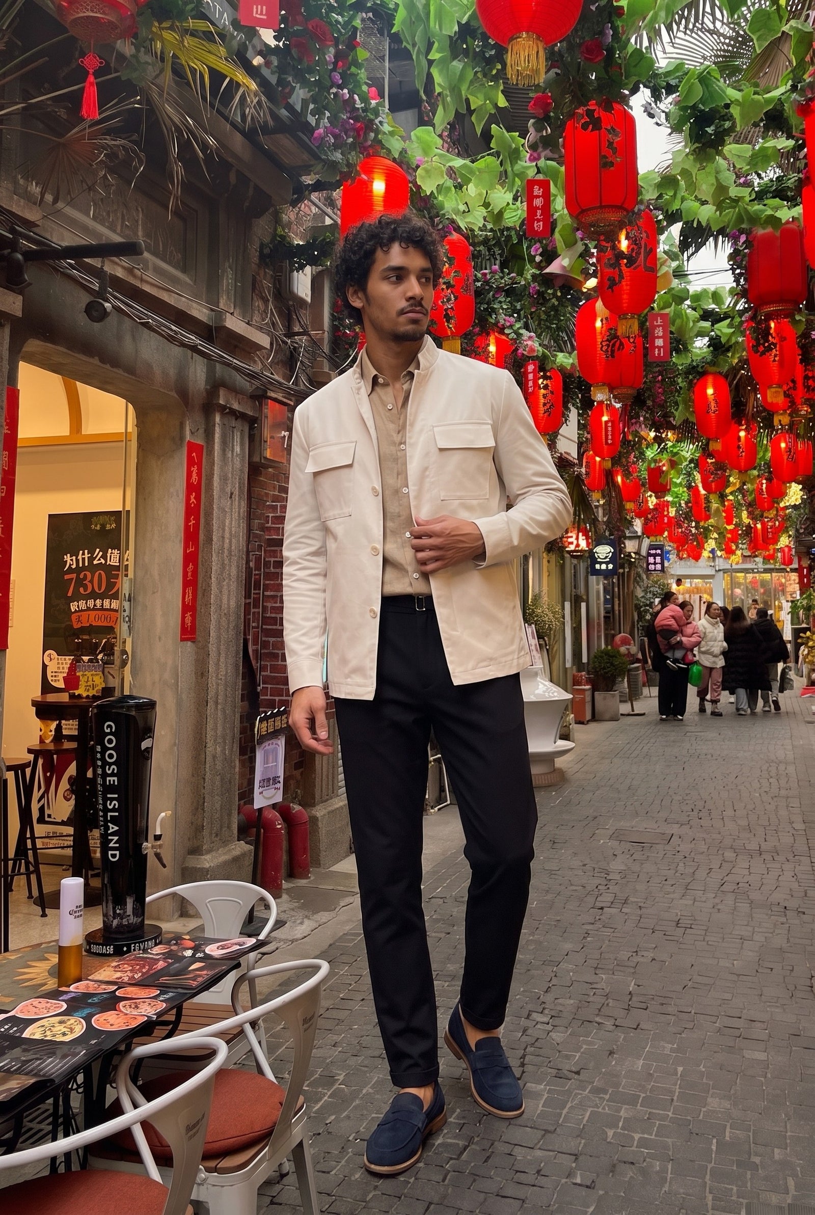 Look #851 styled with Jachetă utilă albă pentru bărbați, jachetă ușoară din amestec de bumbac, elegantă, casual