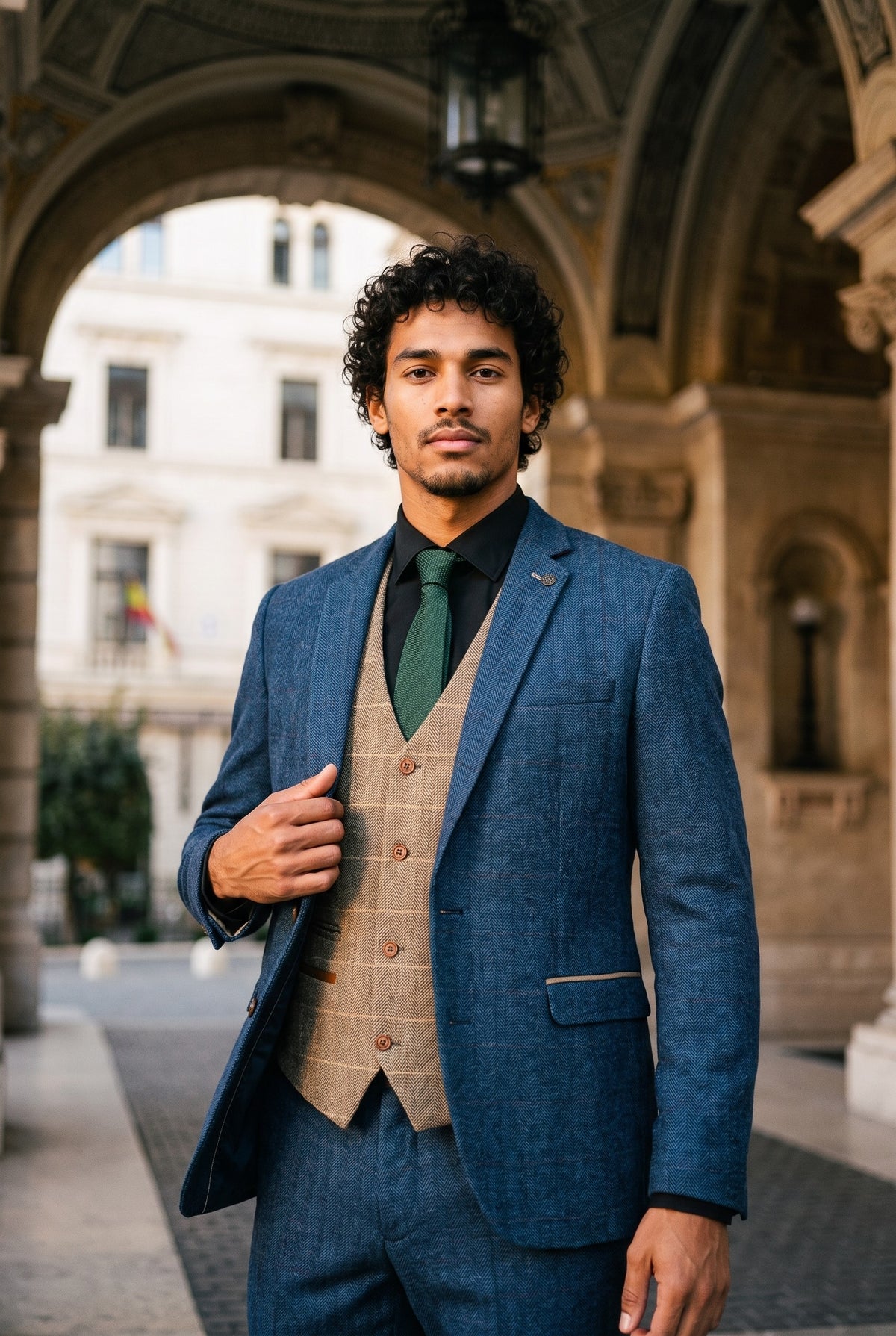 Look #984 styled with Marc Darcy Dion - Costum bărbătesc albastru-maro, 3 piese, model herringbone, croială vintage, în carouri, model tweed