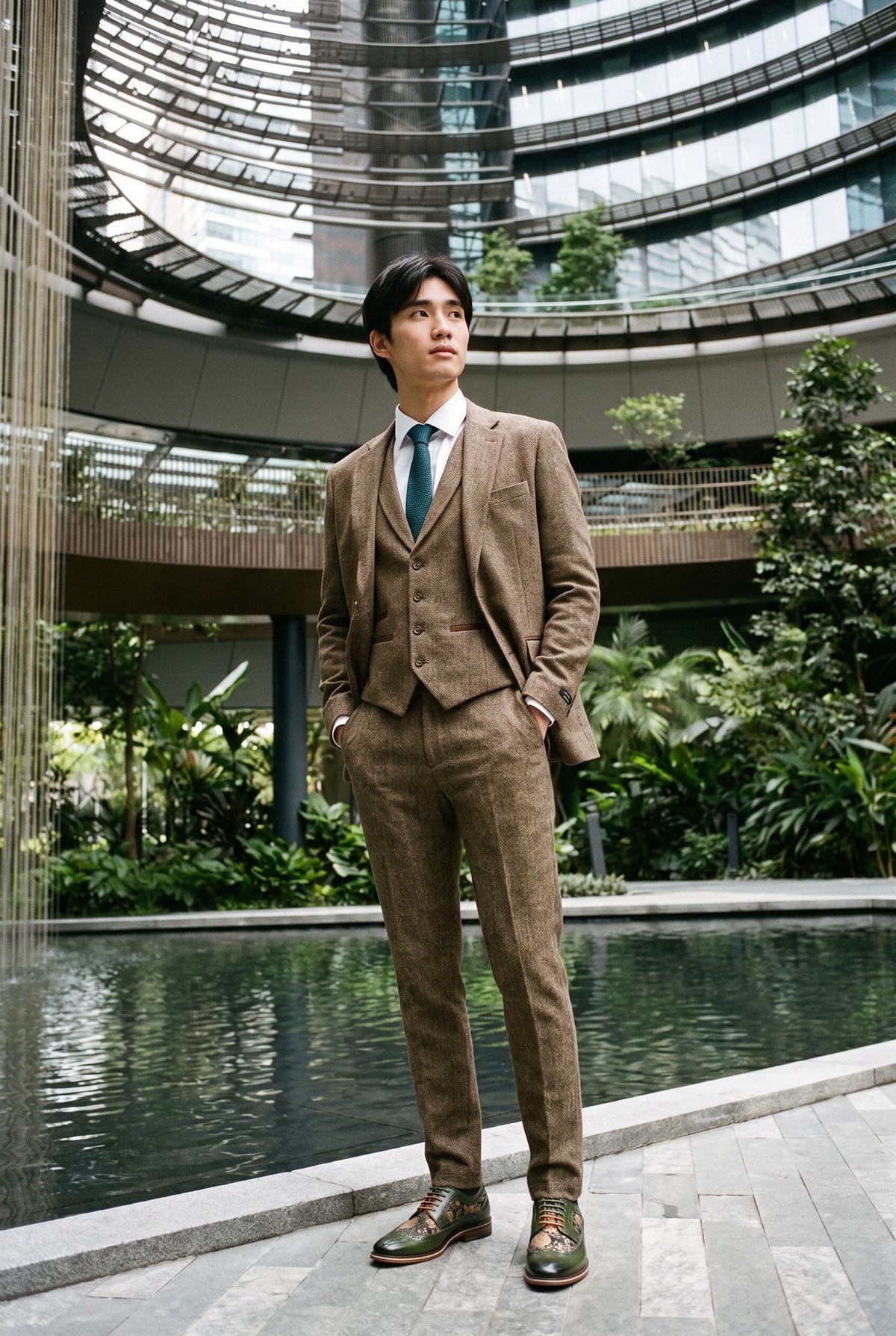 Look #939 styled with Costum din 3 piese din tweed cu model herringbone maro-stejar