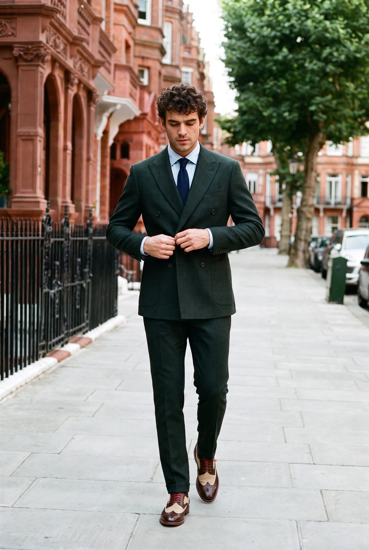 Look #591 styled with Regent - Costum bărbătesc verde din 2 piese, cu două rânduri de nasturi