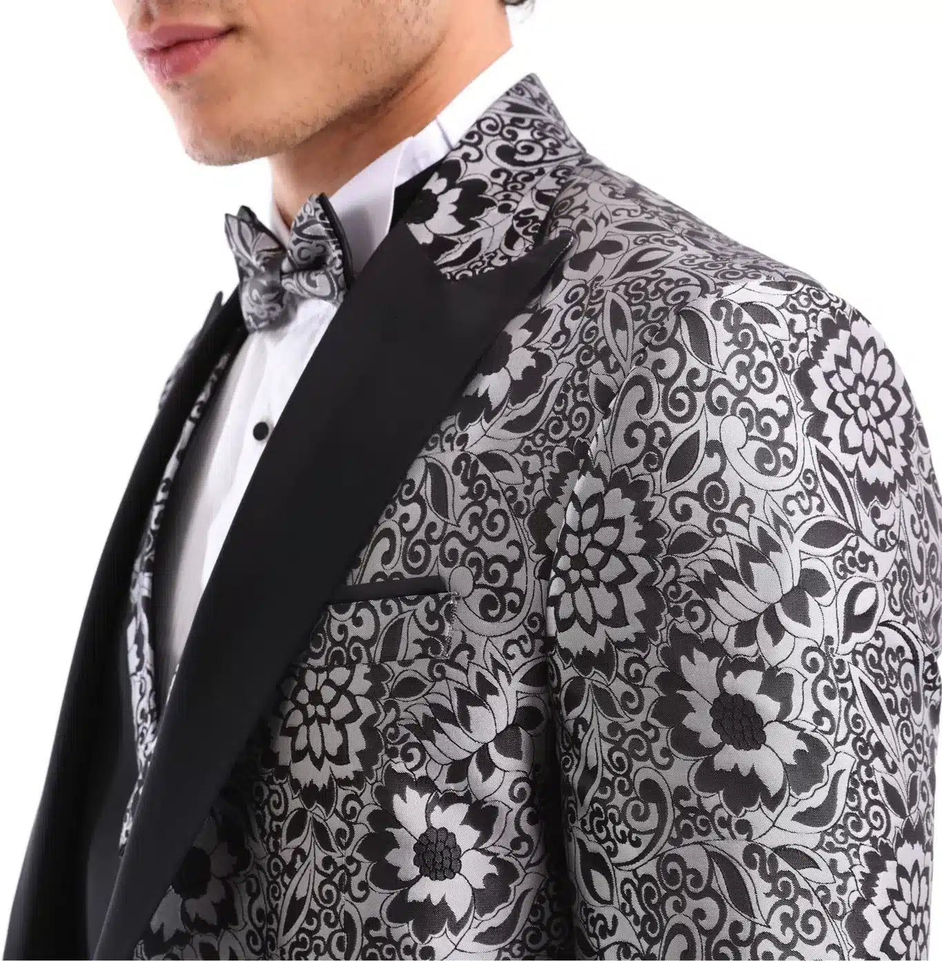 Mens Silver Floral Black Tuxedo Suit 3 Piece Wedding Prom Party Grooms Ceremony