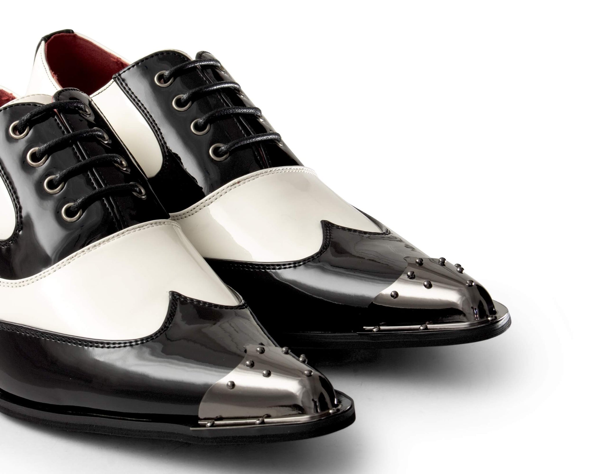 Mens Black & White Patent Shoes with Metal Toe
