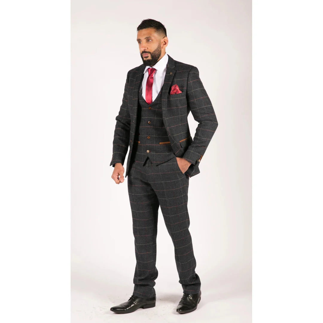 Costum bărbătesc bleumarin, din tweed herringbone, vintage, 3 piese, Marc Darcy