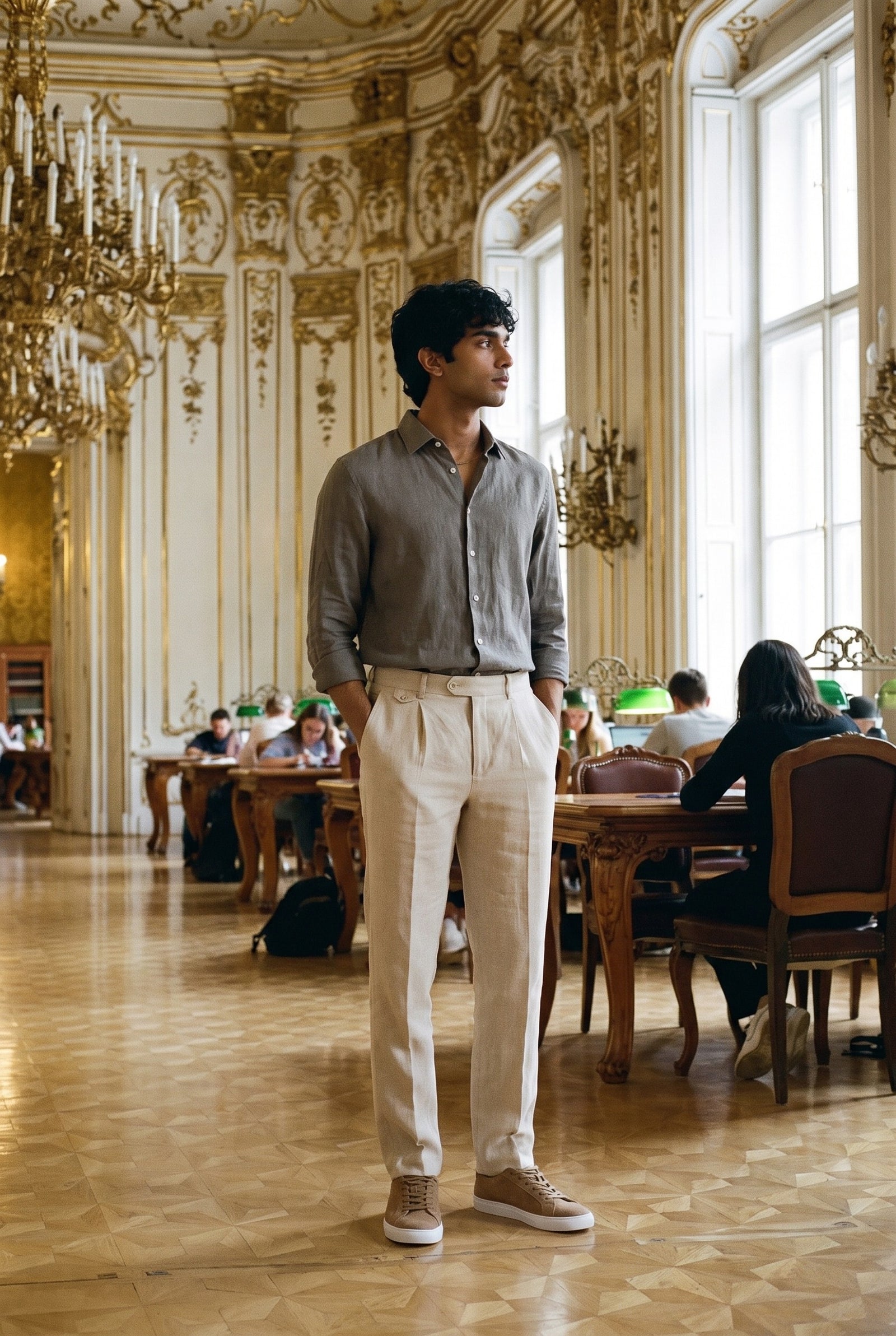 Look #1018 styled with Pantaloni bărbătești bej, 100% in, plisați, cu șnur, croială dreaptă, lejeră