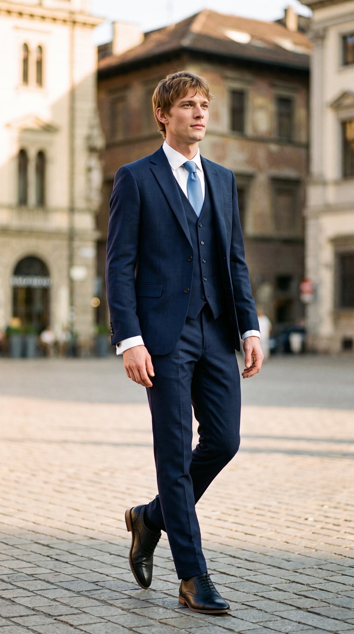 Look #822 styled with James - Costum bărbătesc bleumarin din 3 piese din lână, croială croită