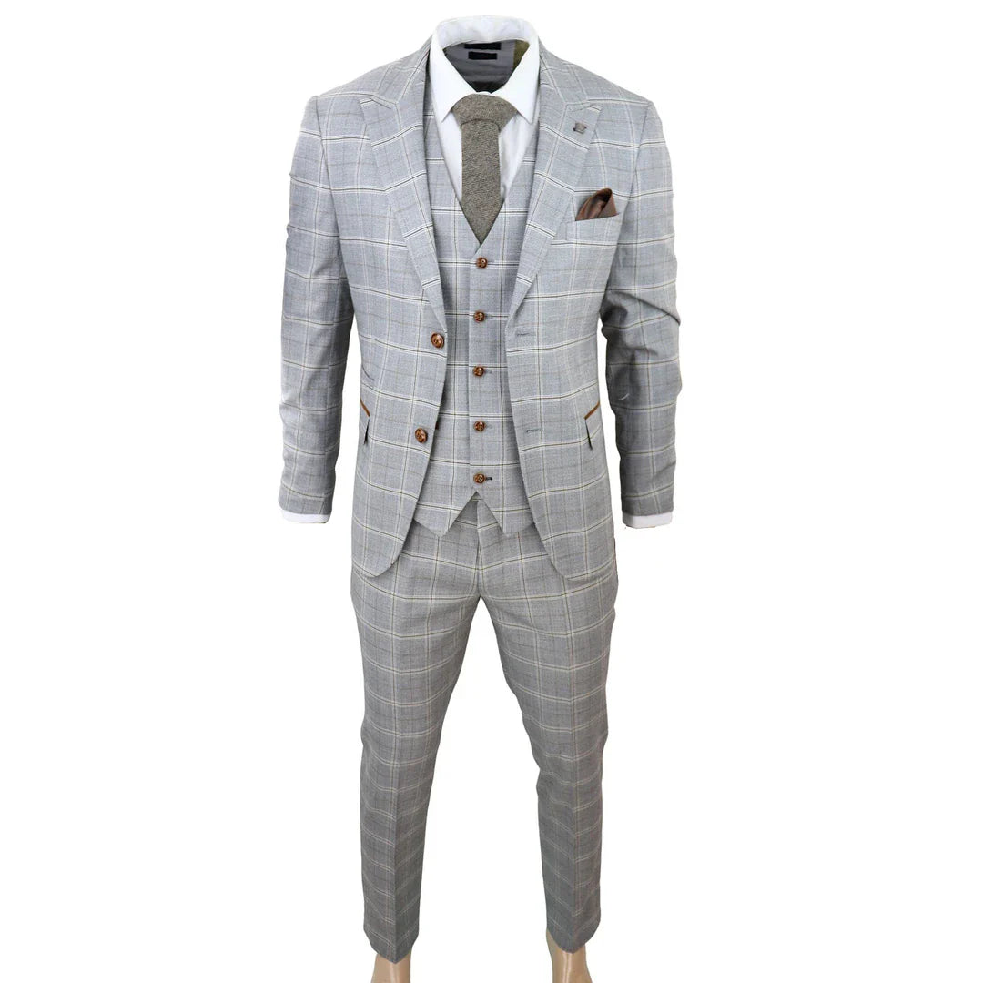 Francis Men's Grey 3-Piece Wedding Suit with Tan Brown Check and Velvet Trim