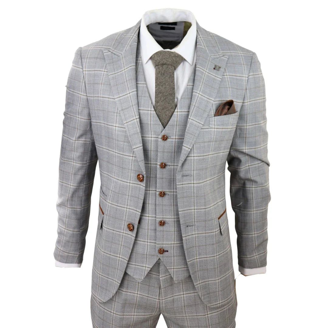 Francis Men's Grey 3-Piece Wedding Suit with Tan Brown Check and Velvet Trim