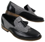 Mens Tweed & Leather Loafers Driving Shoes Slip On Tassle Design Vintage Retro