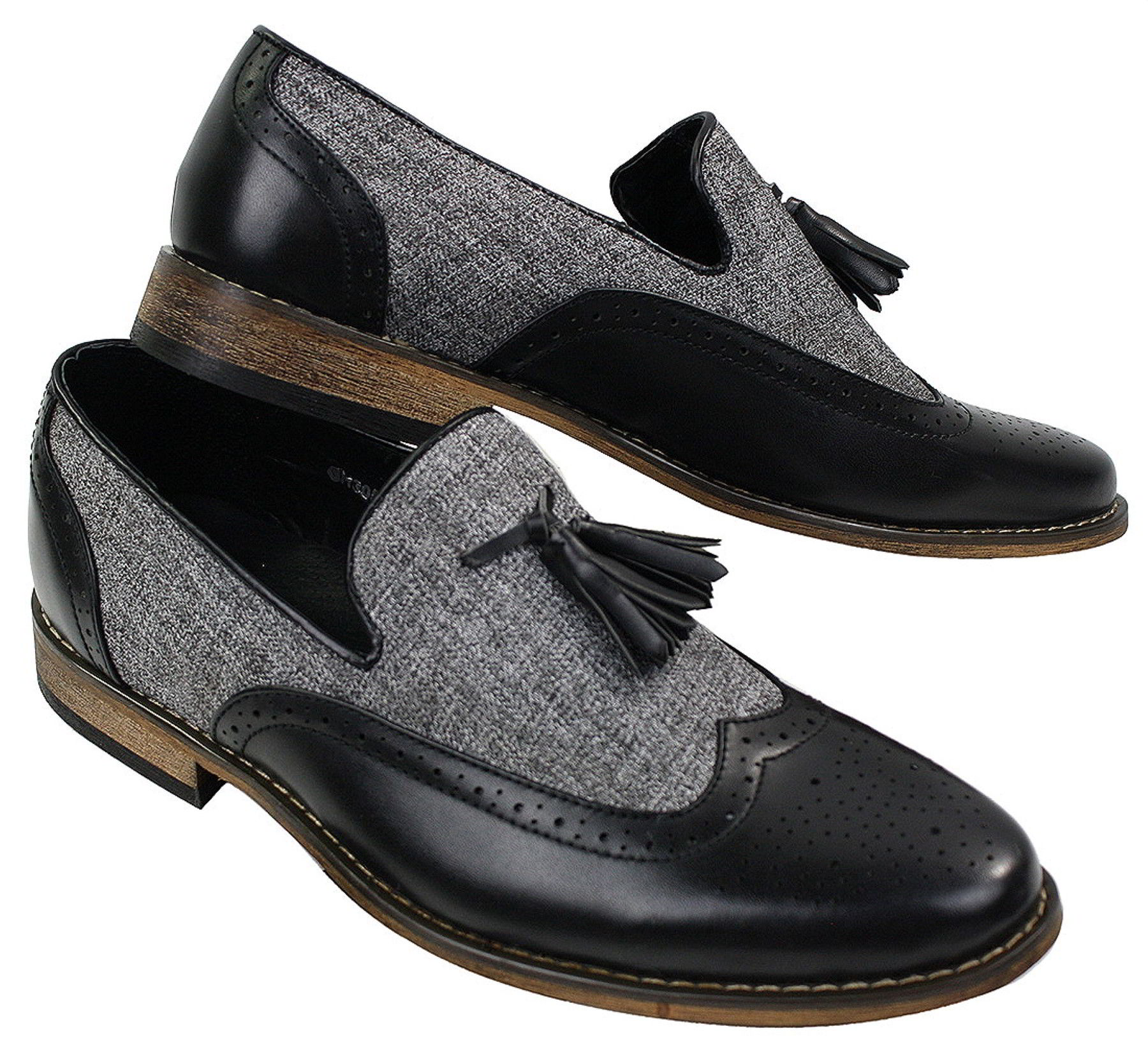 Mens Tweed & Leather Loafers Driving Shoes Slip On Tassle Design Vintage Retro