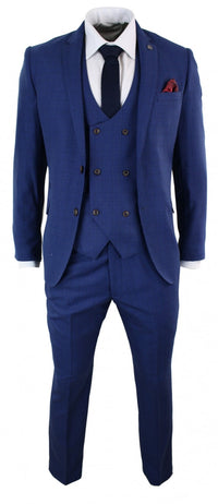 Mens Blue Check 3 Piece Slim Fit Suit