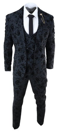 Mens Black 3 Piece Paisley Velvet Suit