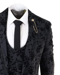 Mens Black 3 Piece Paisley Velvet Suit