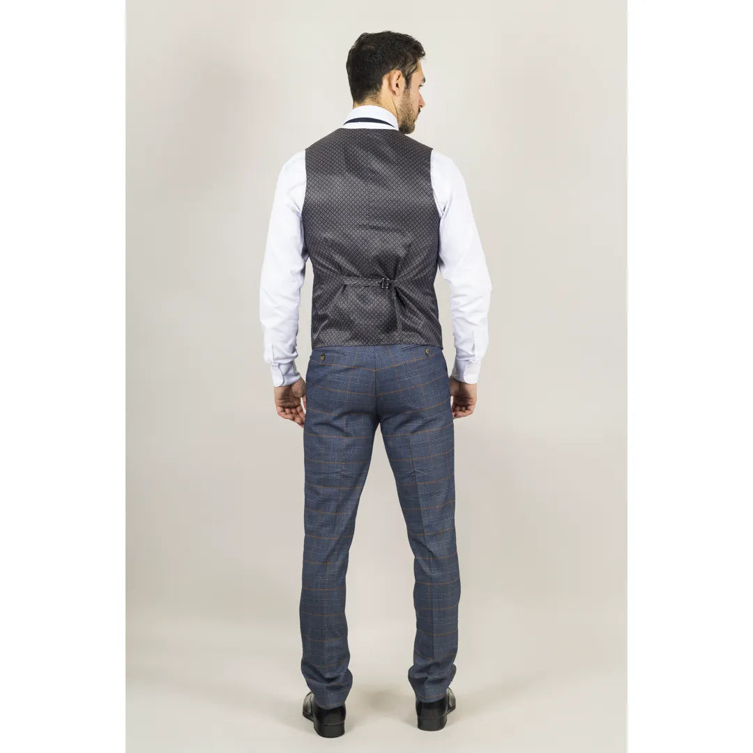 Gisborne Men's 3-Piece Navy Checked Suit with Mustard Accents