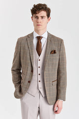 Costum Harris Brown Tweed cu vestă și pantaloni din piele naturală contrastantă