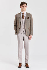 Costum Harris Brown Tweed cu vestă și pantaloni din piele naturală contrastantă