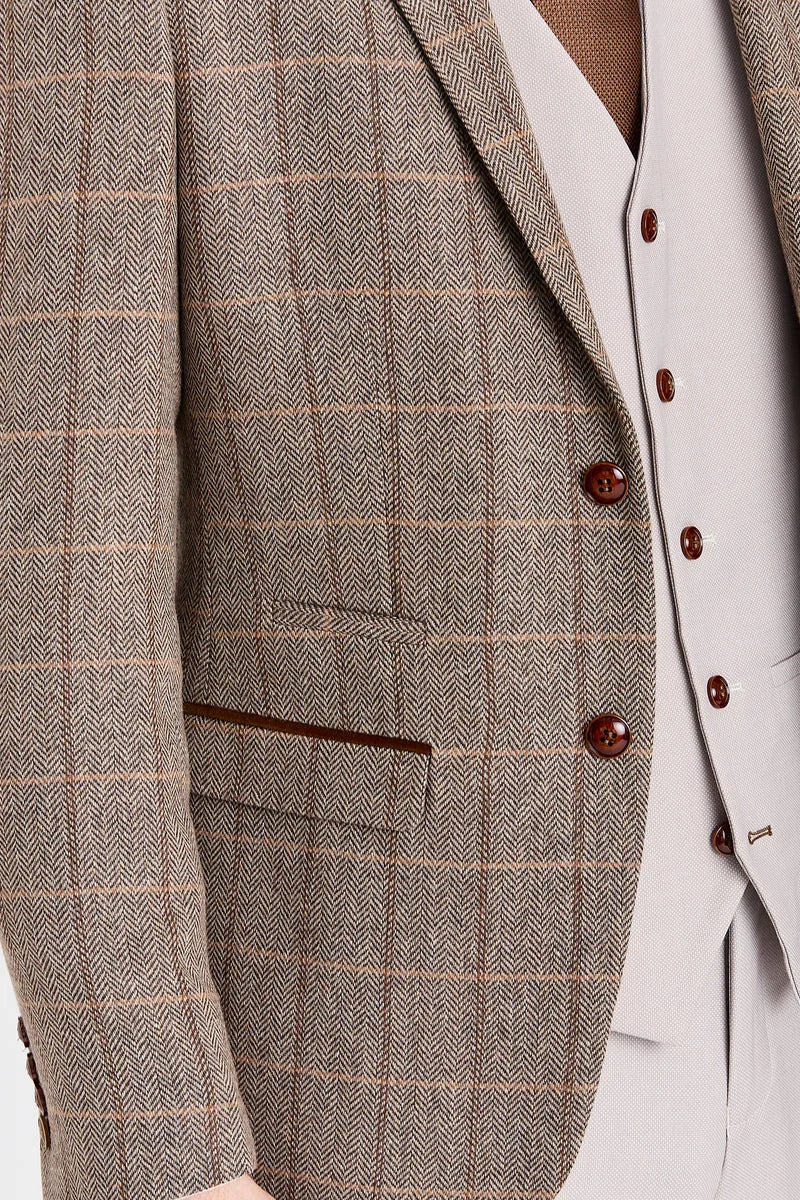 Costum Harris Brown Tweed cu vestă și pantaloni din piele naturală contrastantă