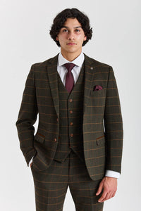 Harris - Costum verde din 3 piese din amestec de lână tweed pentru bărbați