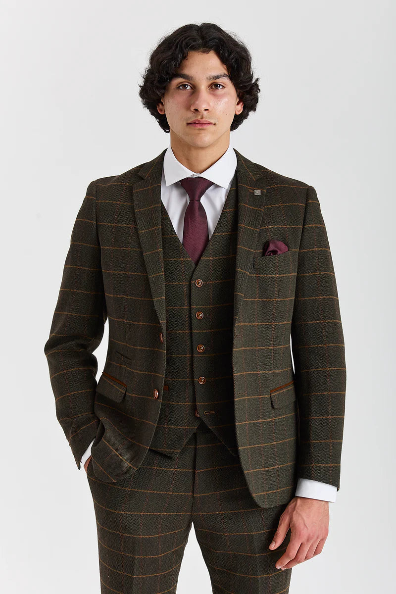 Harris - Costum verde din 3 piese din amestec de lână tweed pentru bărbați