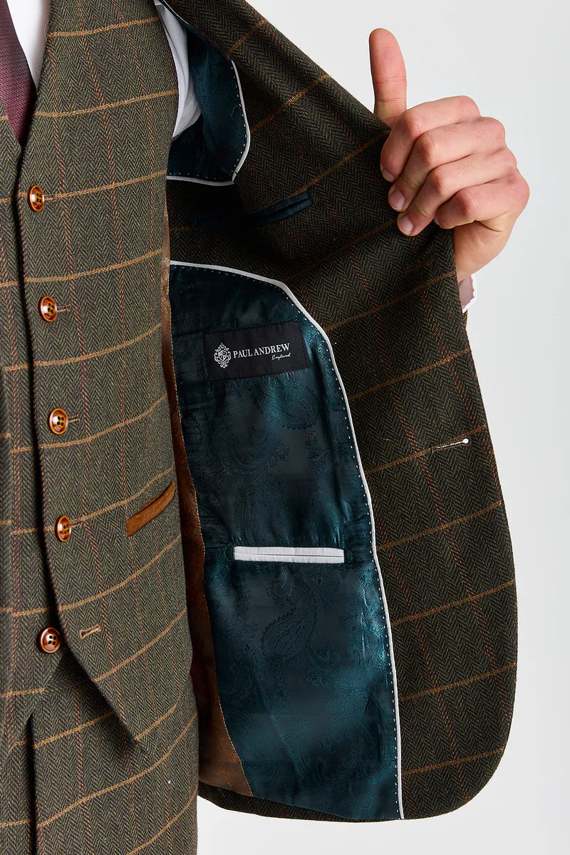 Harris - Costum verde din 3 piese din amestec de lână tweed pentru bărbați