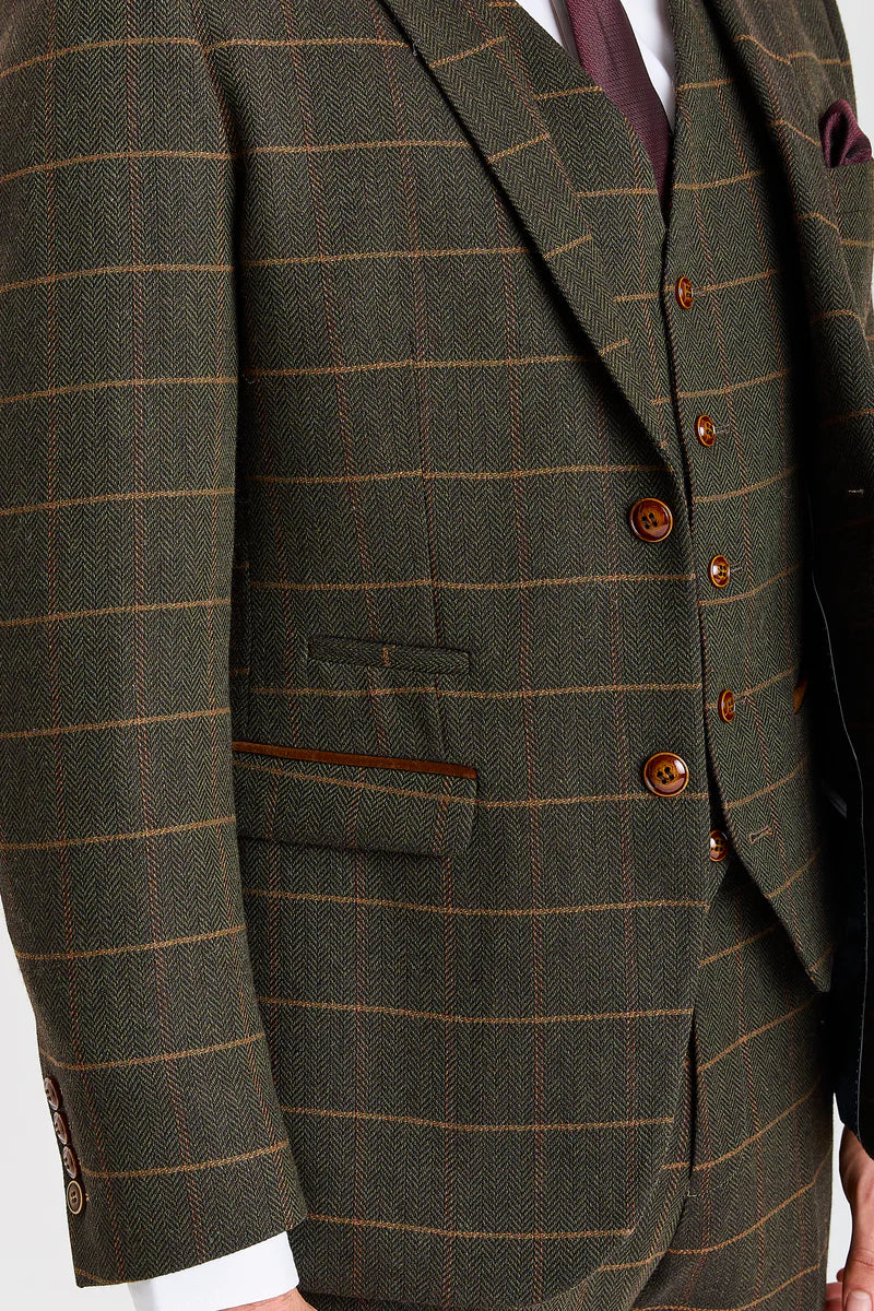 Harris - Costum verde din 3 piese din amestec de lână tweed pentru bărbați