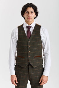 Harris - Costum verde din 3 piese din amestec de lână tweed pentru bărbați