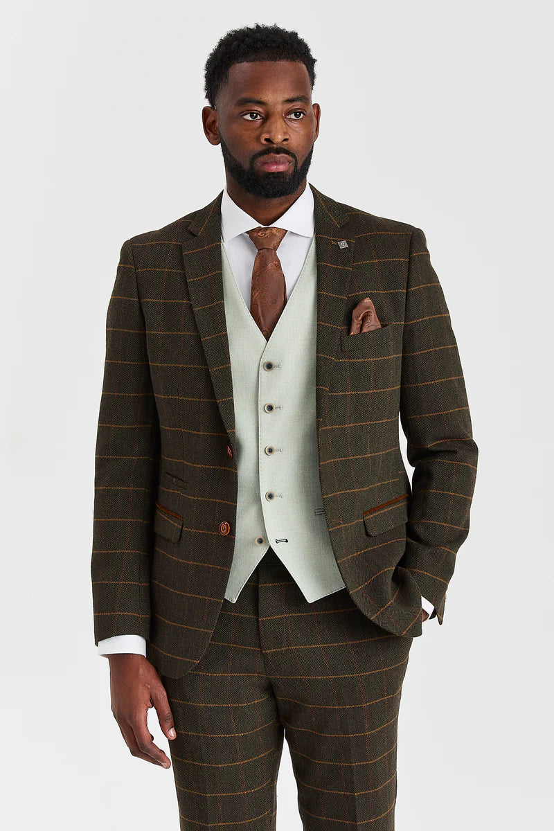 Costum Harris Green Check Tweed cu vestă contrastantă Belmont Sage