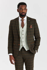 Costum Harris Green Check Tweed cu vestă contrastantă Belmont Sage