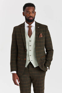 Costum Harris Green Check Tweed cu vestă contrastantă Belmont Sage
