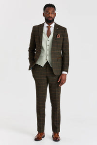Costum Harris Green Check Tweed cu vestă contrastantă Belmont Sage