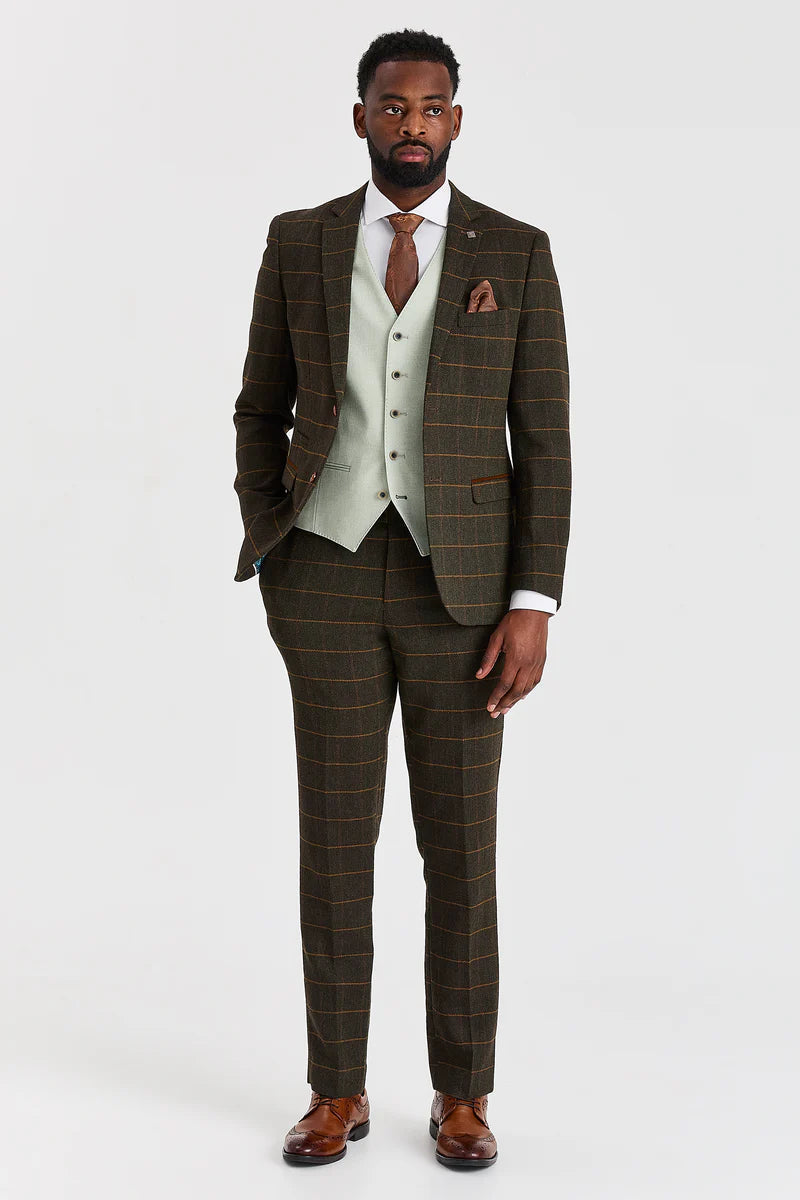 Costum Harris Green Check Tweed cu vestă contrastantă Belmont Sage